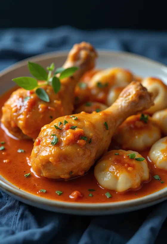 Sappige paprika-kippenbouten in een saus van zure room en paprika, geserveerd op een wit bord.