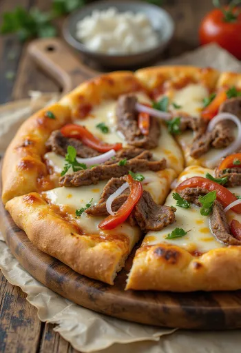 Philly cheesesteak pizza met steakreepjes en paprika