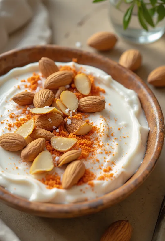 Probiotische yoghurt geserveerd met amandelen en bestrooid met paprika