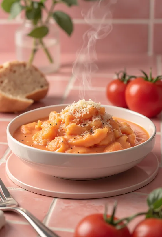 Romige roze tomatensaus geserveerd met rozemarijn