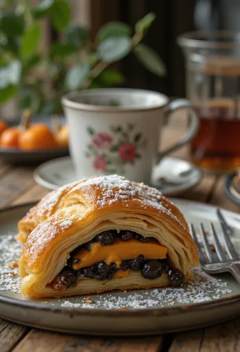Strudel met pompoen en maanzaad goudbruin gebakken, bestrooid met poedersuiker