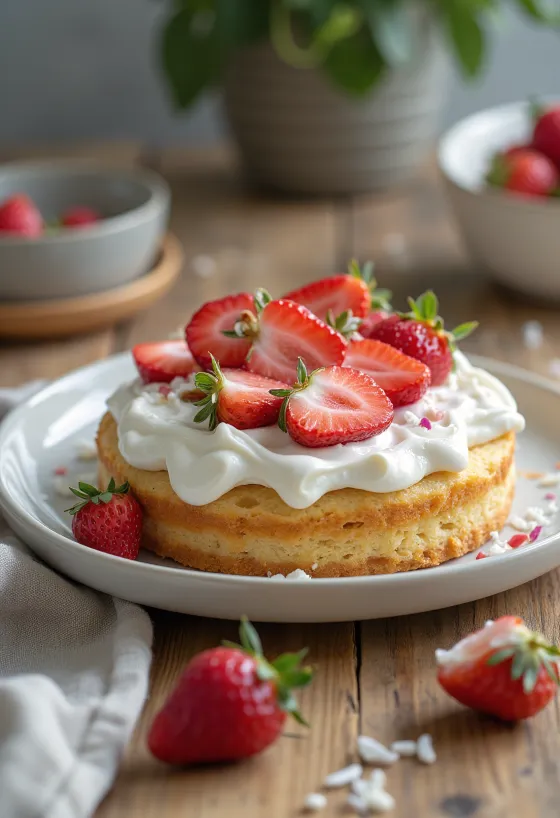 Vegan aardbeientaart geserveerd op een bord