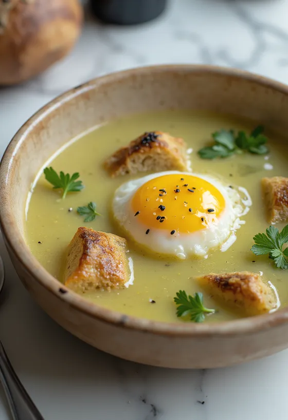 Açorda met knoflook, geserveerd met verse koriander en sesamzaad