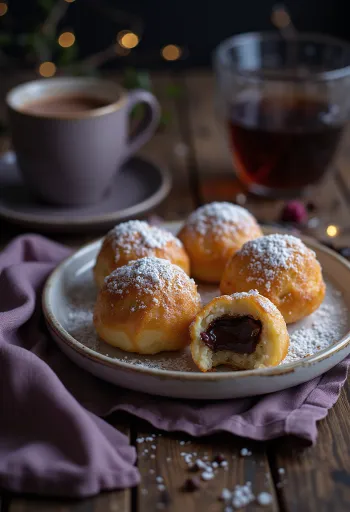 Vers gebakken æbleskiver geserveerd met chocoladepasta en poedersuiker