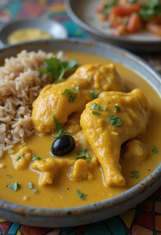 Ají de gallina met zilvervliesrijst, geserveerd met rijke kippensaus