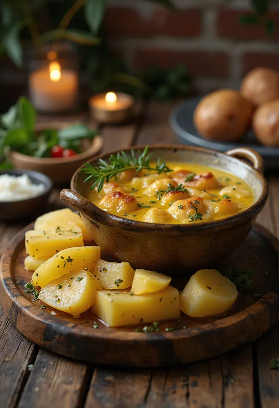 Bagna cauda met gekookte aardappelen, knoflooksaus met ansjovis