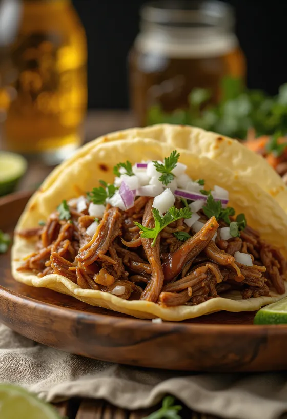 Barbacoa geserveerd met tortilla en limoenpartjes