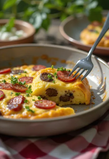 Black Pudding Frittata met worst, geserveerd met gebakken worst en ei