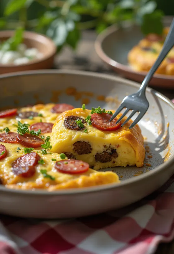 Black Pudding Frittata met worst, geserveerd met gebakken worst en ei