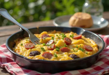 Black Pudding Frittata met worst, geserveerd met gebakken worst en ei
