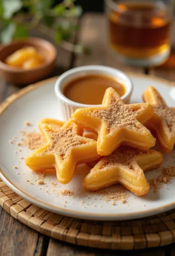 Krokante churros geserveerd met een kommetje karamel