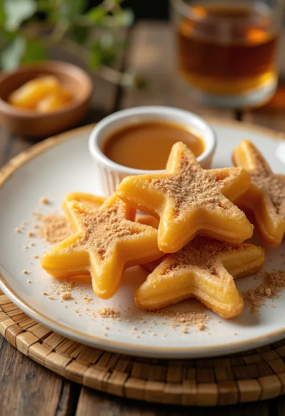 Krokante churros geserveerd met een kommetje karamel