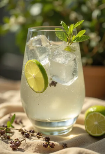 Gin Tonic gegarneerd met schijfjes limoen en ijsblokjes