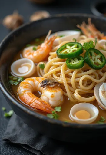 Godong kalguksu, geserveerd met zeevruchten en verse korianderblaadjes