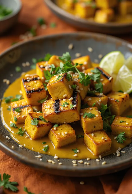 Gegrilde tofu met curry-tahini