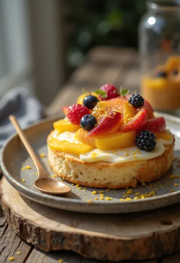 Kwarktaart met fruit in punten geserveerd