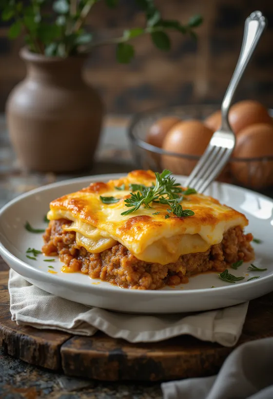 Moussaka met aardappel, aubergine, gehakt en ei-roomsaus