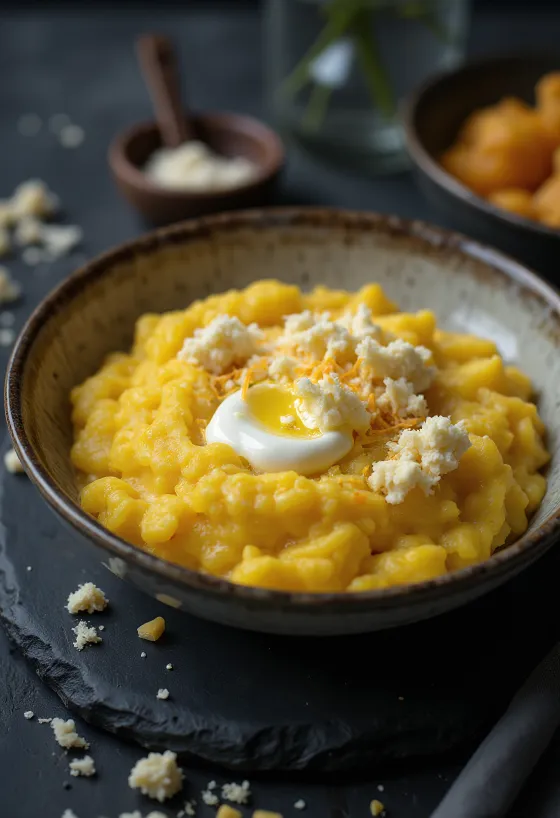 Vers gekookte, romige polenta geserveerd met boter en kaas, op een houten dienblad.