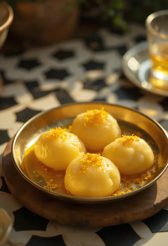 Saffraan Rasgulla, kaasballetjes drijvend in saffraansiroop