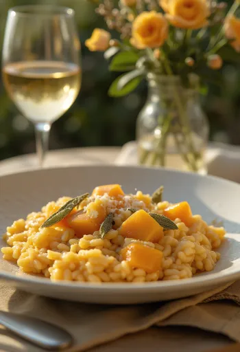 Romige risotto met pompoen bestrooid met verse Parmezaanse kaas
