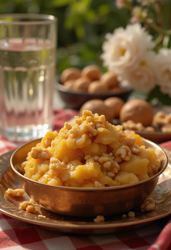 Aate ka Halwa met rijke kruidige smaken, geroosterde noten en rozenwater.