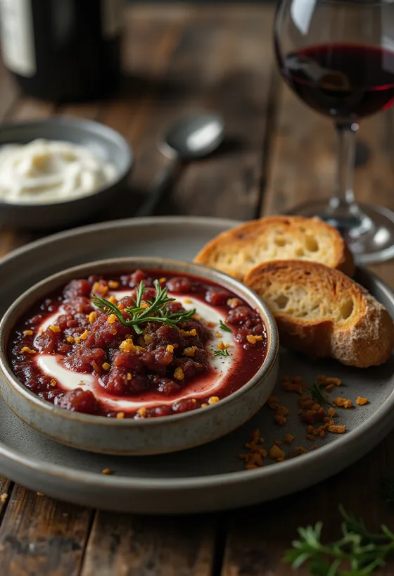 Bagna cauda met rode wijn, knoflook vissaus, geserveerd met peterselie