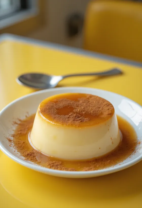 Flan met kaneel geserveerd op een mooi bord