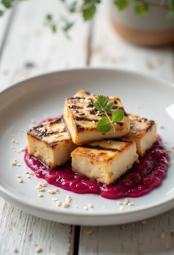 Gegrilde tofu met rode bietensaus