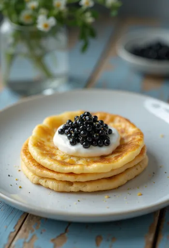 Russische blini met kaviaar geserveerd