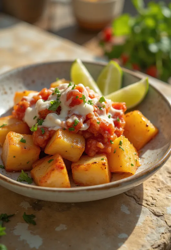 Vegan Papas chorreadas, met romige kokosmelksaus en verse koriander