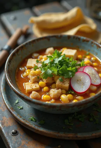 Vegetarische Pozole, Mexicaanse vegetarische soep met hominy maïs, tofu en groenten