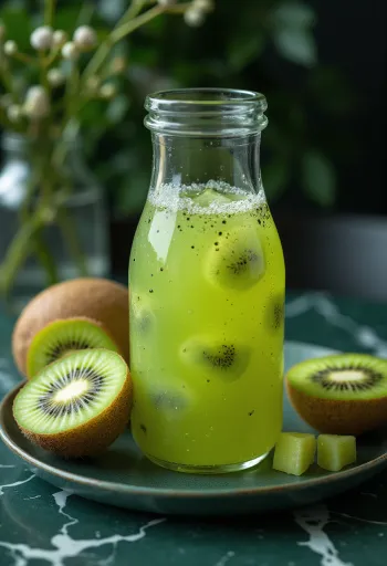 Probiotische Kiwi Kombucha, geserveerd met verse kiwi en limoen