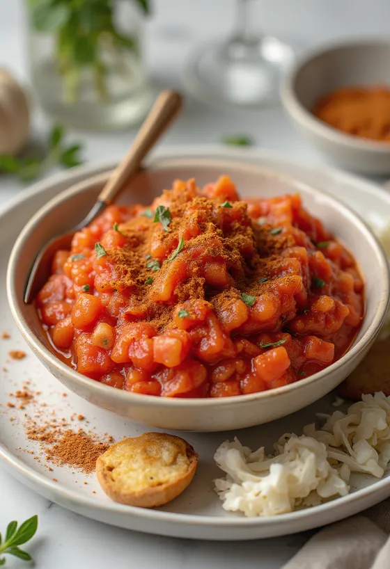 Tomatensaus met rozemarijn en paprika in een kom, versierd met verse rozemarijn en paprika.