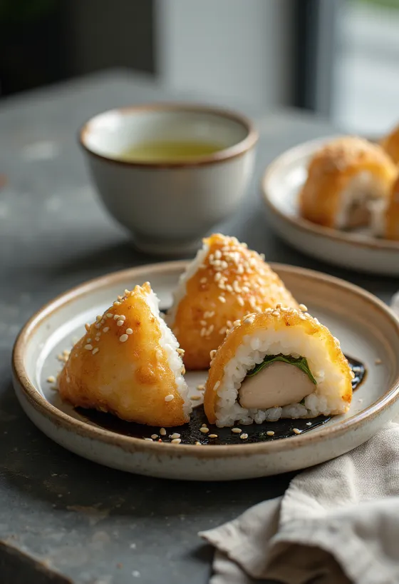 Onigiri met stukjes gebraden kip, met sesamzaad en zeewier