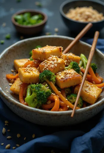 Geroosterde tofu bowl met groenten geserveerd