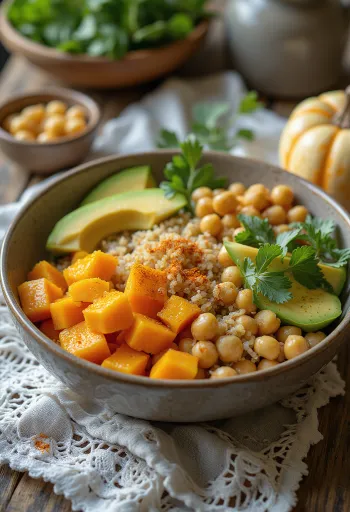Buddha bowl met pompoen, verse groenten en quinoa