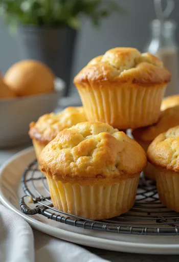 Zachte kwarkmuffin goudbruin gebakken, bestrooid met vanille en poedersuiker