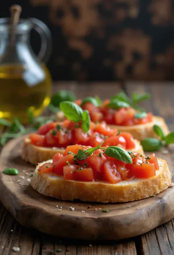 Bruschetta met tomaat en basilicum geserveerd op een rustiek bord