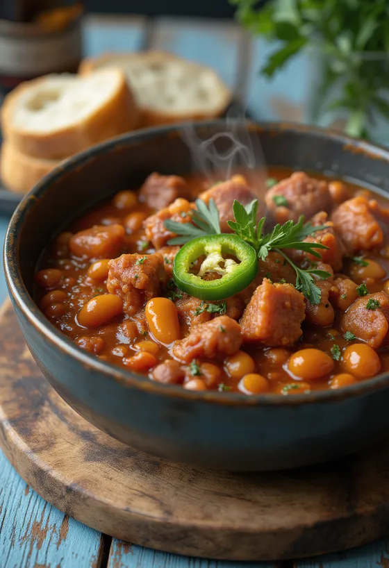 Traditionele Hongaarse bonengoulash rijkelijk geserveerd met groenten en stukjes vlees, versierd met zure room en peterselie
