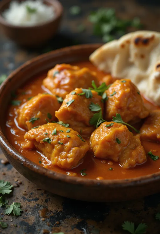 Kip tikka masala in romige tomatensaus, versierd met verse koriander