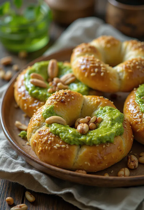 Pretzel met pesto geserveerd