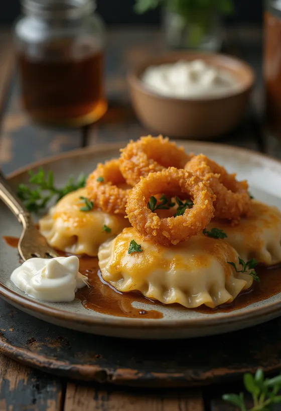 Pierogi met vleesvulling, geserveerd met vleesvulling en gebakken ui