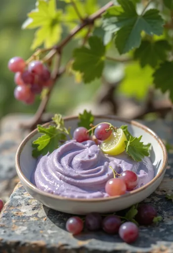 Druivenyoghurt geserveerd in een glas, versierd met stukjes witte druif