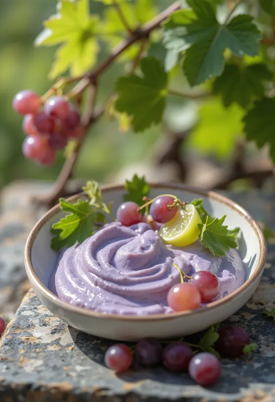 Druivenyoghurt geserveerd in een glas, versierd met stukjes witte druif