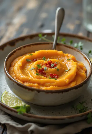 Zoete aardappelpuree met koriander geserveerd
