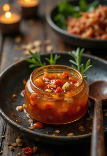 Glanzende zoete chilisaus met stukjes rode peper