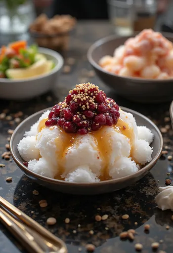 Bingsu met rode bonen, Koreaans ijsdessert met rode bonenpuree en geroosterde sesam