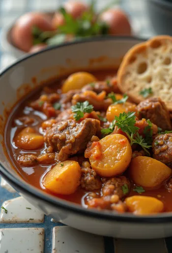 Rundergoulash geserveerd in een rustieke kom