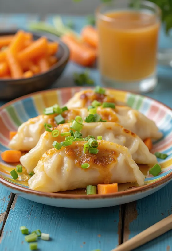 Wortelgyoza kindvriendelijk geserveerd, goudbruine exemplaren met sojasaus