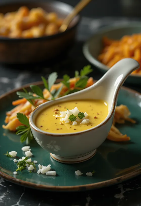 Romige kerrie-uienroomsaus geserveerd